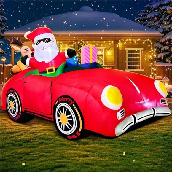 6.5FT Christmas Inflatables Red Car Santa Claus and Reindeer Drive Truck Blow Up